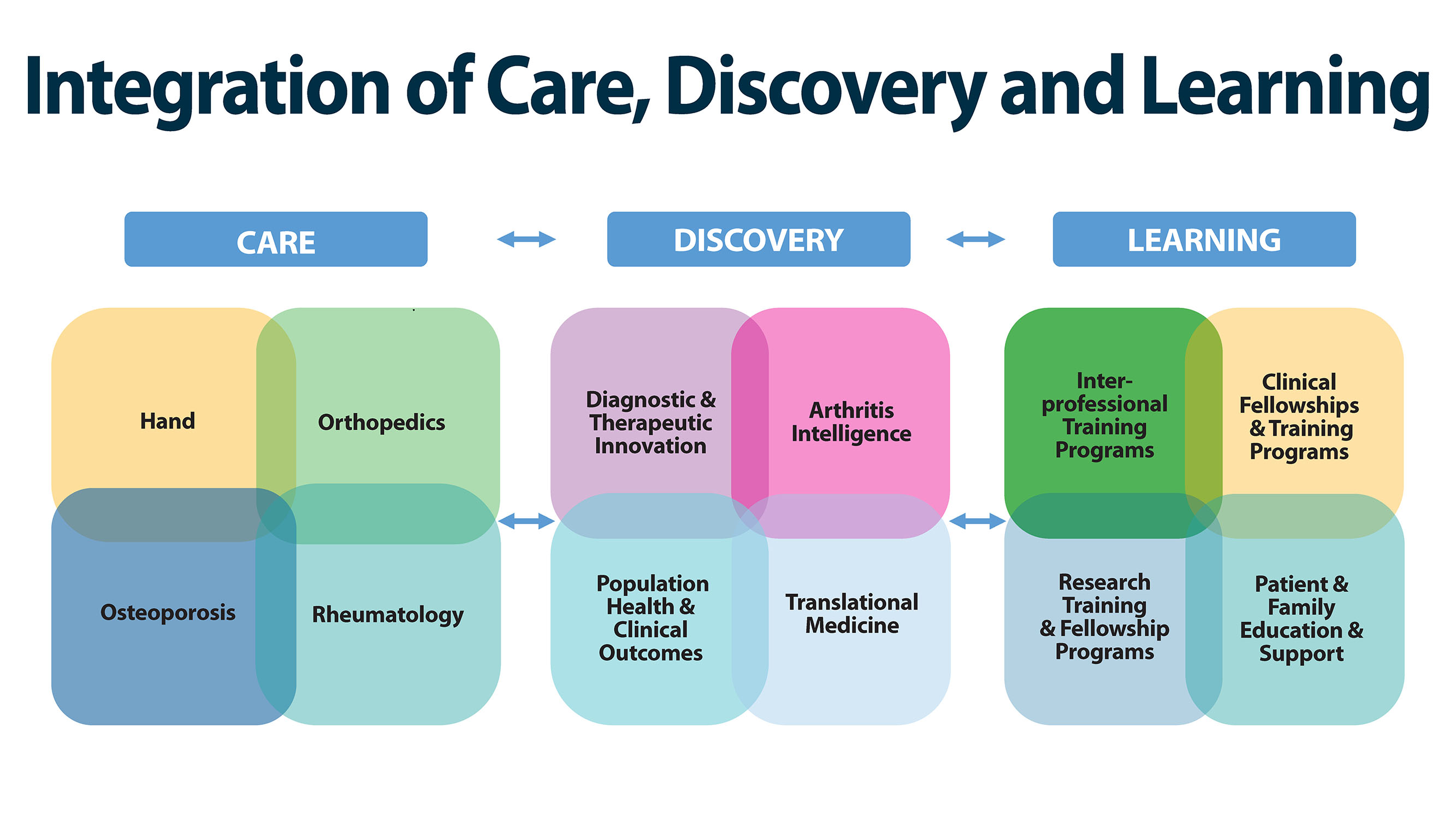 Integration of Care, Discovery and Learning. 1. Care: Hand, Orthopedics, Osteoporosis, Rheumatology. 2. Discovery: Diagnostics and therapeutic innovation; arthritis intelligence; population health and clinical outcomes; translational medicine. 3. Learning: Interprofessional training programs; clinical fellowships and training programs; research training and fellowship programs; patient and family education and support