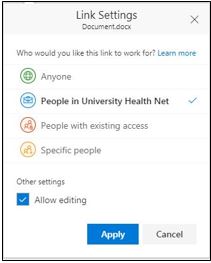 Share Window with UHN Users Options