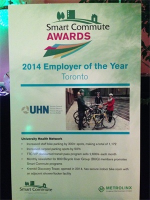 Board announcing UHN as the 2014 winner of Smart Commute Employer of the Year award