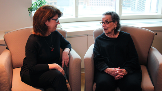 Valerie Heller (L), a social worker at Princess Margaret Cancer Centre, chats with Ruth Pike.