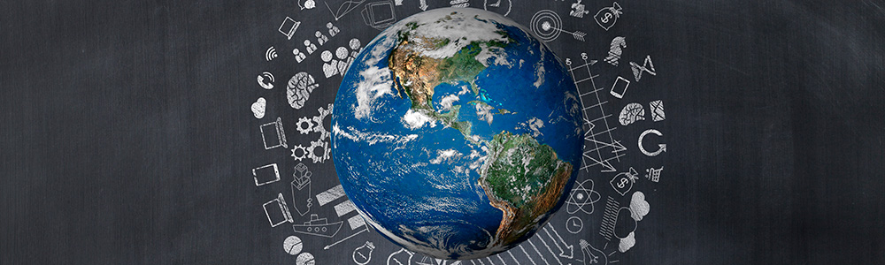 the earth surrounded by chalkboard icons