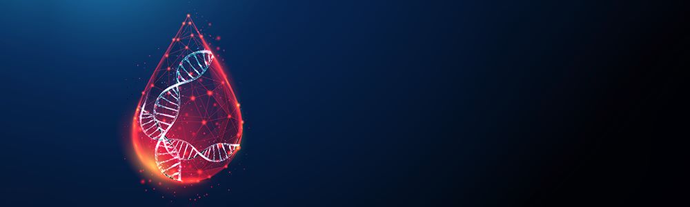 illustrated droplet of blood with helix genes inside