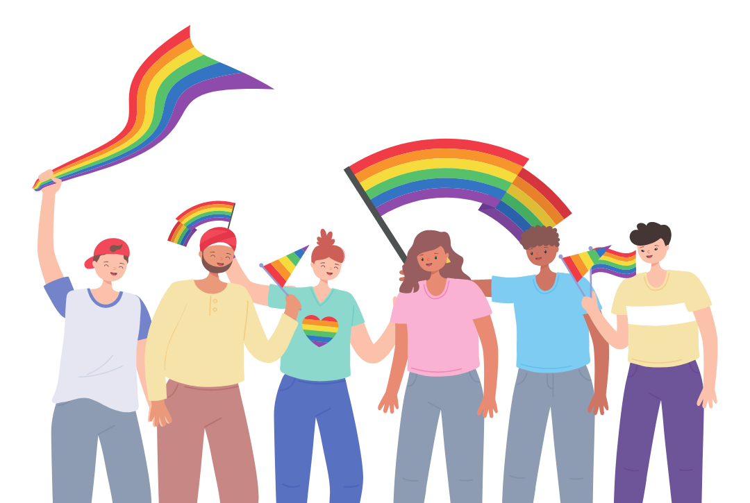 Cartoon drawing of 6 people holding rainbow flags
