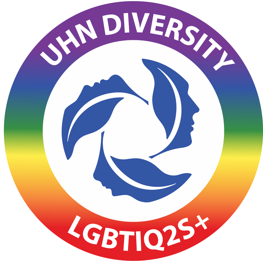 circular logo with rainbow outline that says UHN Diversity LGBTIQ2S+