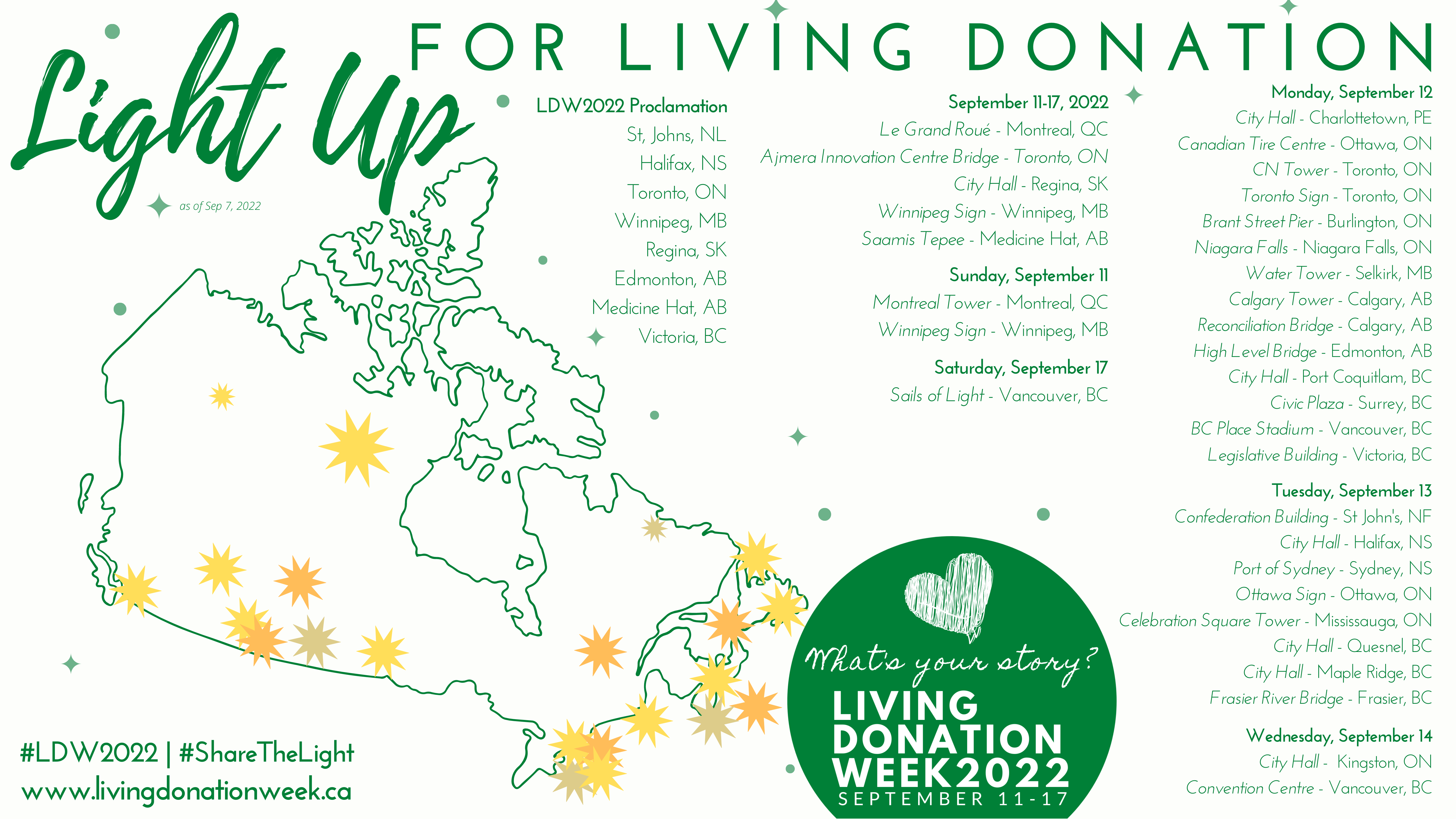  Light Up for Living Donation. This year, 25+ communities across Canada will light up for living organ donation.