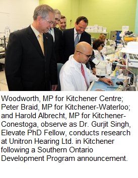 Federal MPs observe as Dr. Gurjit Singh, Elevate PhD Fellow, conducts research at Unitron Hearing Ltd.