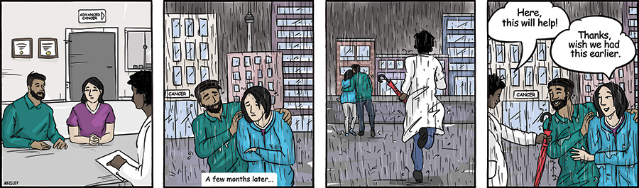 a comic strip that shows a late referral to palliative care using the metaphor of an umbrella