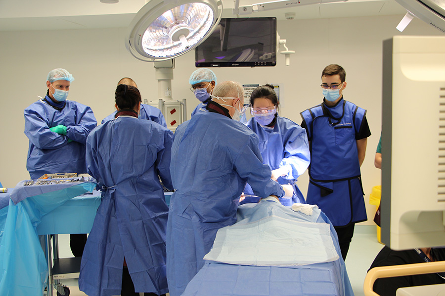 People gathered around surgical table 