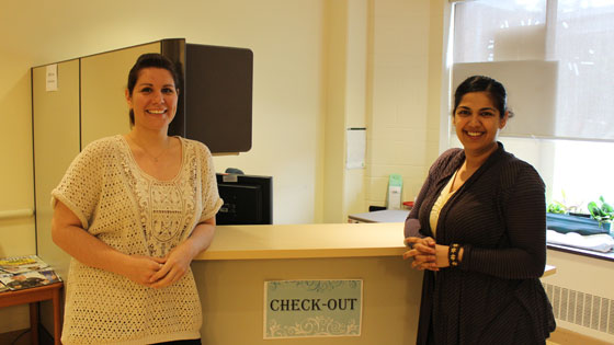 Image of Patient Inez Martincevic, left, and Tess Devji at the new check-out station