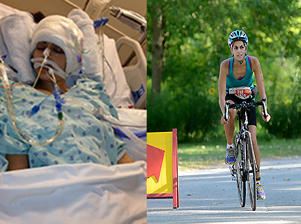 At left, Dina Pestonji after emergency brain surgery, and right, Pestonji cycling