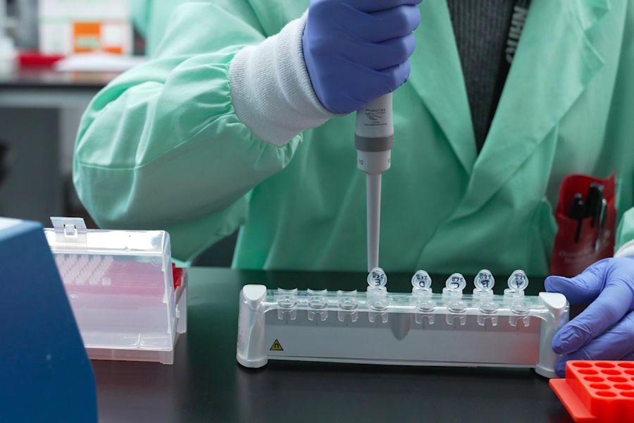 Close-up of a gloved hand pipetting liquid into labeled lab tubes