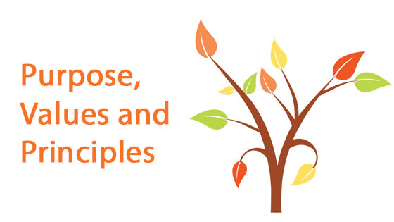 Image of tree with Purpose, Values, Principles beside it 