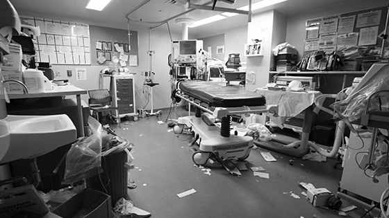 Black and white aftermath of the “Resus” room 