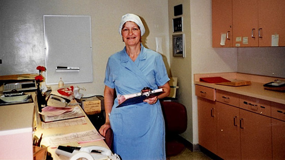 Carol wearing her OR scrubs in 1989 