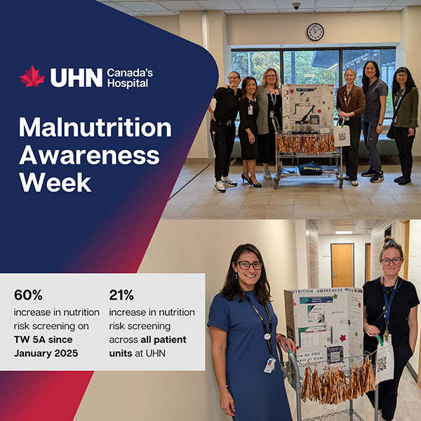 Promotional poster for Malnutrition Awareness Week at UHN, Canada's Hospital, held from Oct. 6 to 10. It features two photos of staff with a decorated cart promoting nutrition awareness in hospital hallways. Text highlights a 60% increase in nutrition risk screening on TW 5A and a 21% increase across all patient units since January 2025.