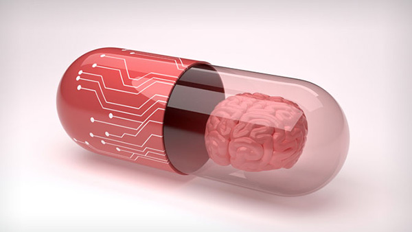 shot of pill capsule with brain in it 