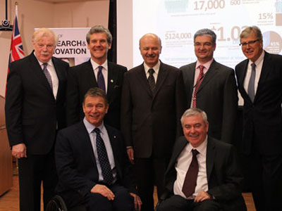 Kent Basset-Spiers, Dr. Michael Fehlings, Minister Moridi; Dr. Milos Popovic; Dr. Bob Bell, Rick Hansen; Barry Munro